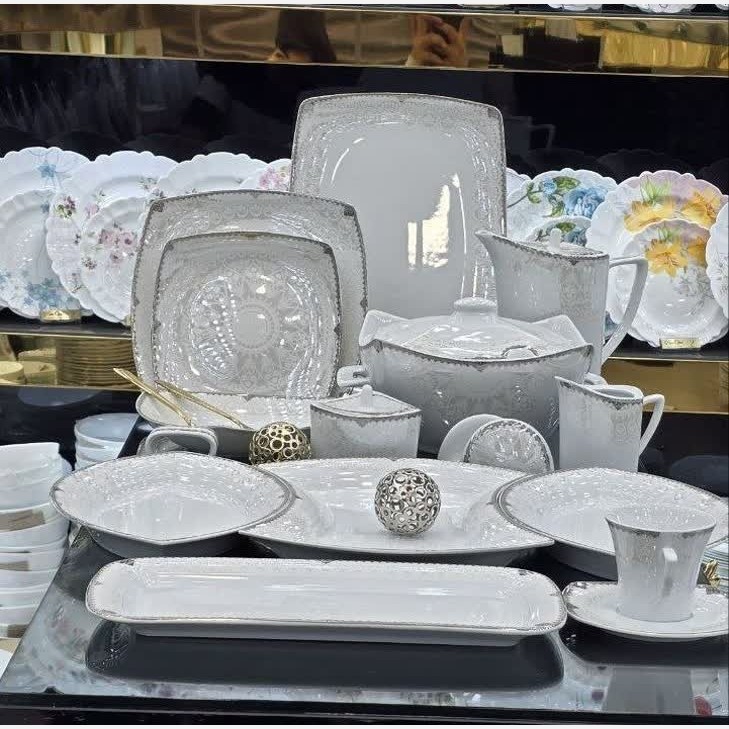 سرویس چینی پردیس ۱۲ نفره ۱۰۵ پارچه طرح سیسیل نقره ای